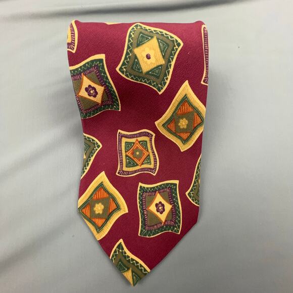 Brandini Italian Silk Tie | Red Yellow Green Geometric | 60" x 3.75" - Picture 1 of 4